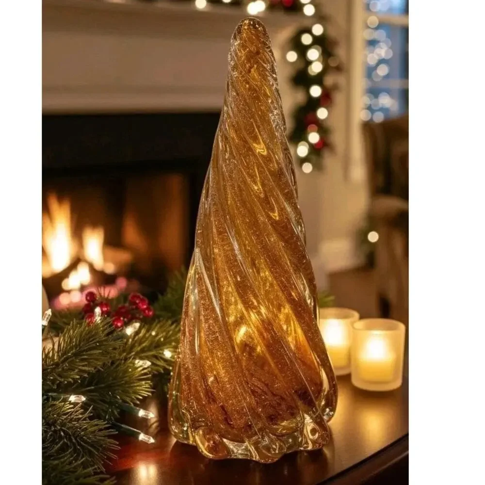 Pier 1 Art Glass Christmas Tree Amber Gold Swirl Glitter 8in Holiday Glam NEW